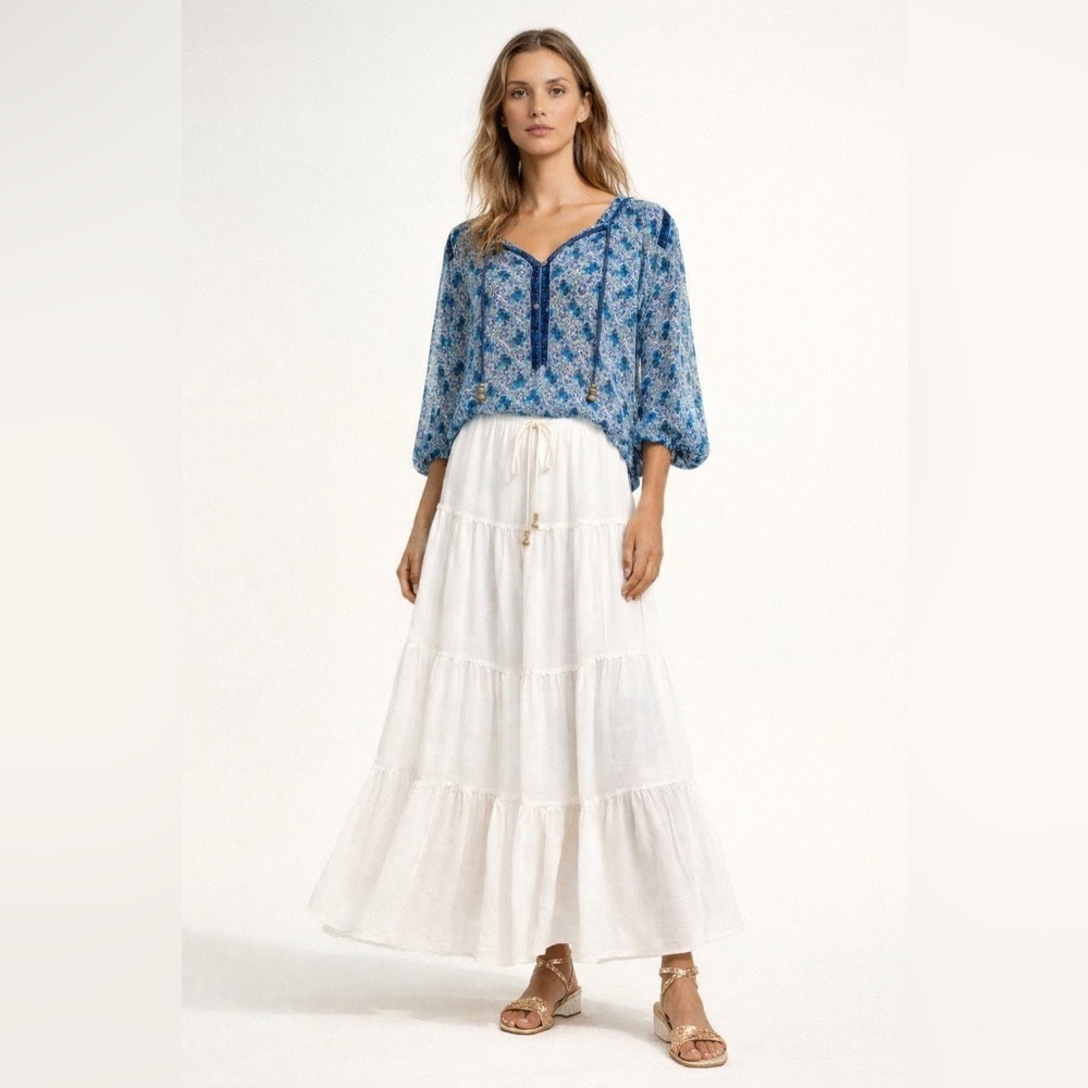 Calypso St. Barth silk blue and white boho blue and white blouse. Size XS.